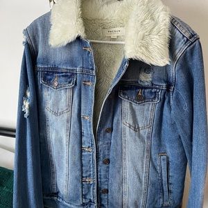 Distressed denim fur jacket